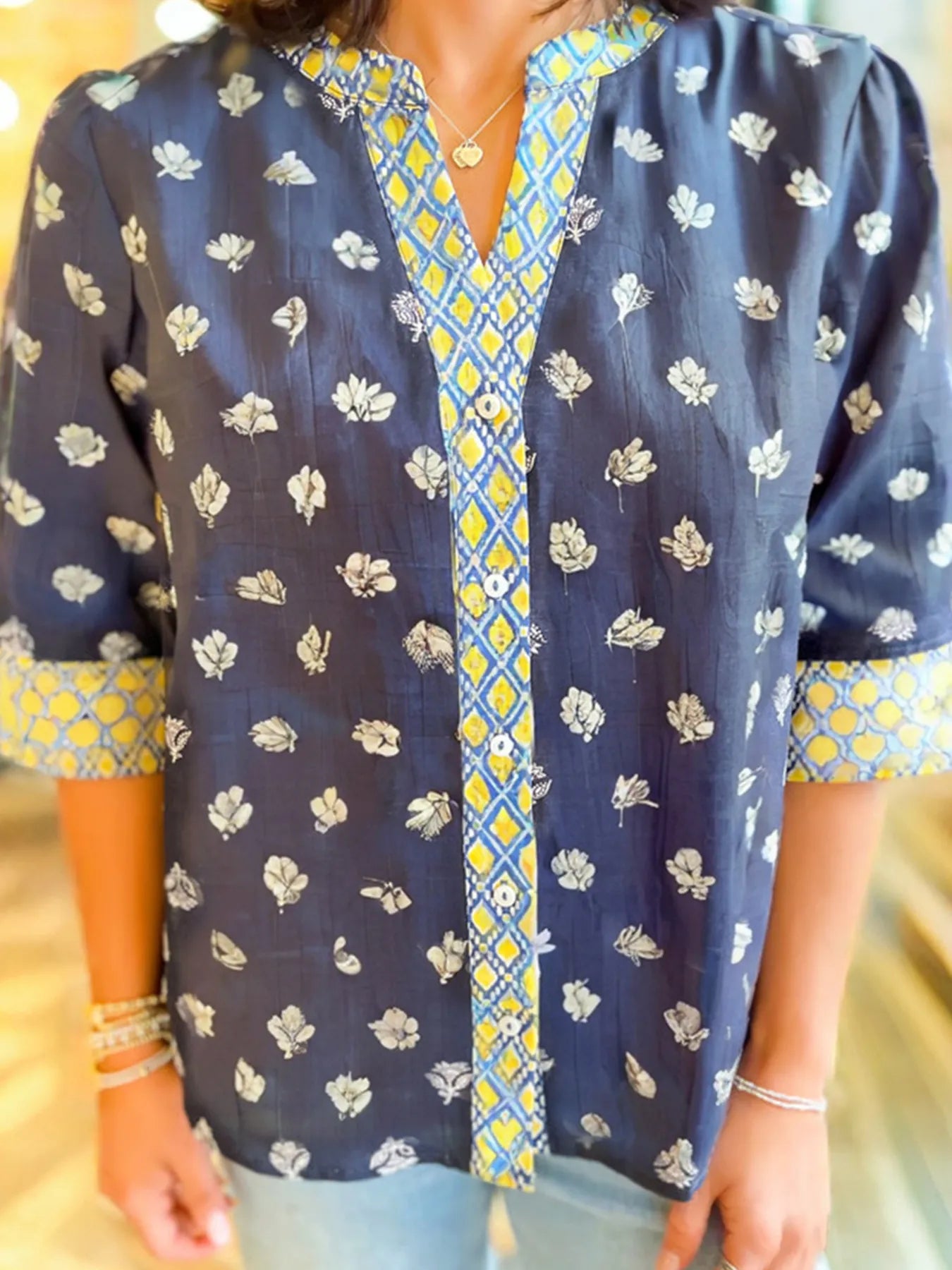 Floral Print Half Sleeve Contrast Trim Blouse