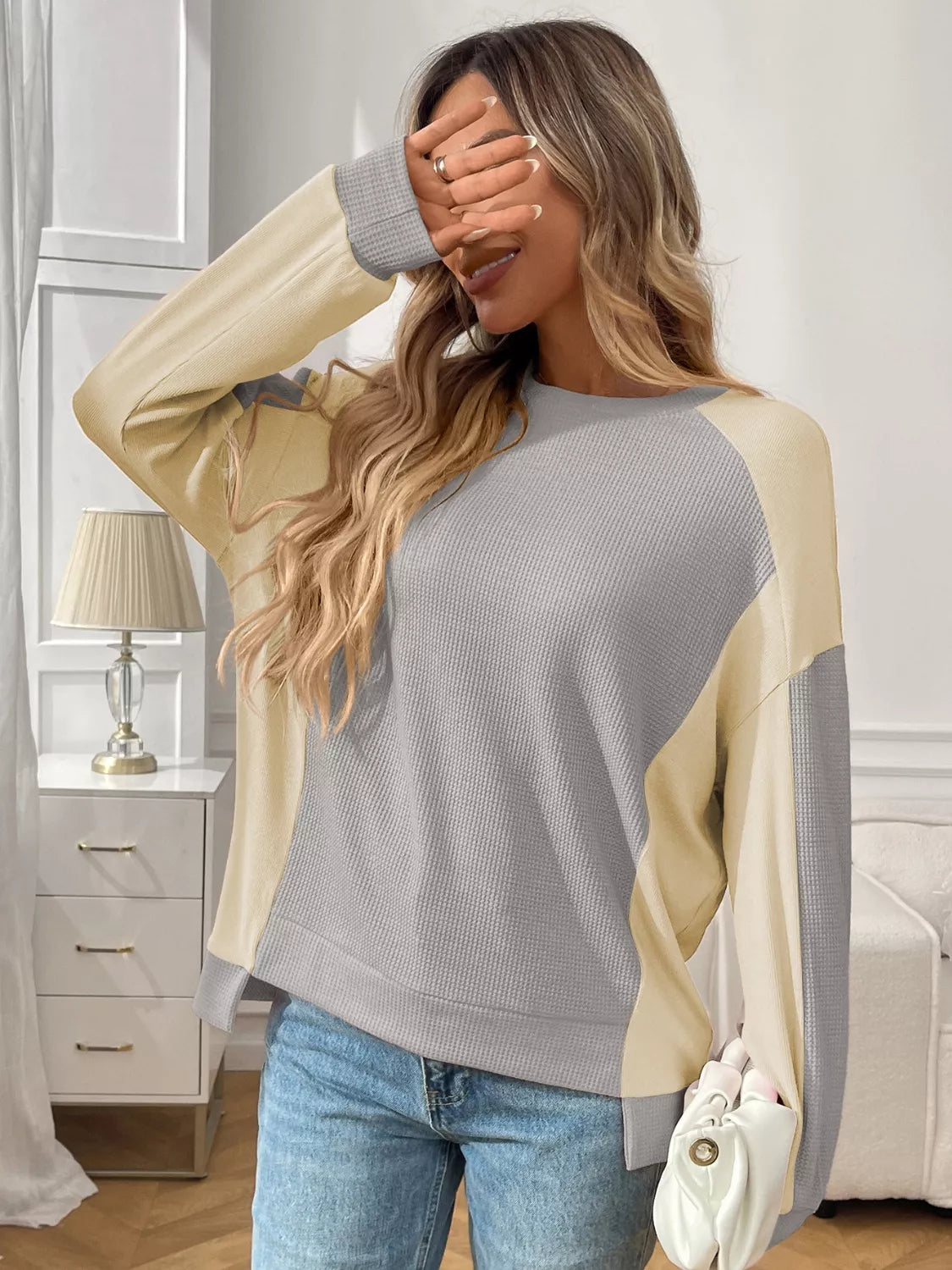 Color Block Waffle Knit Long Sleeve T-Shirt
