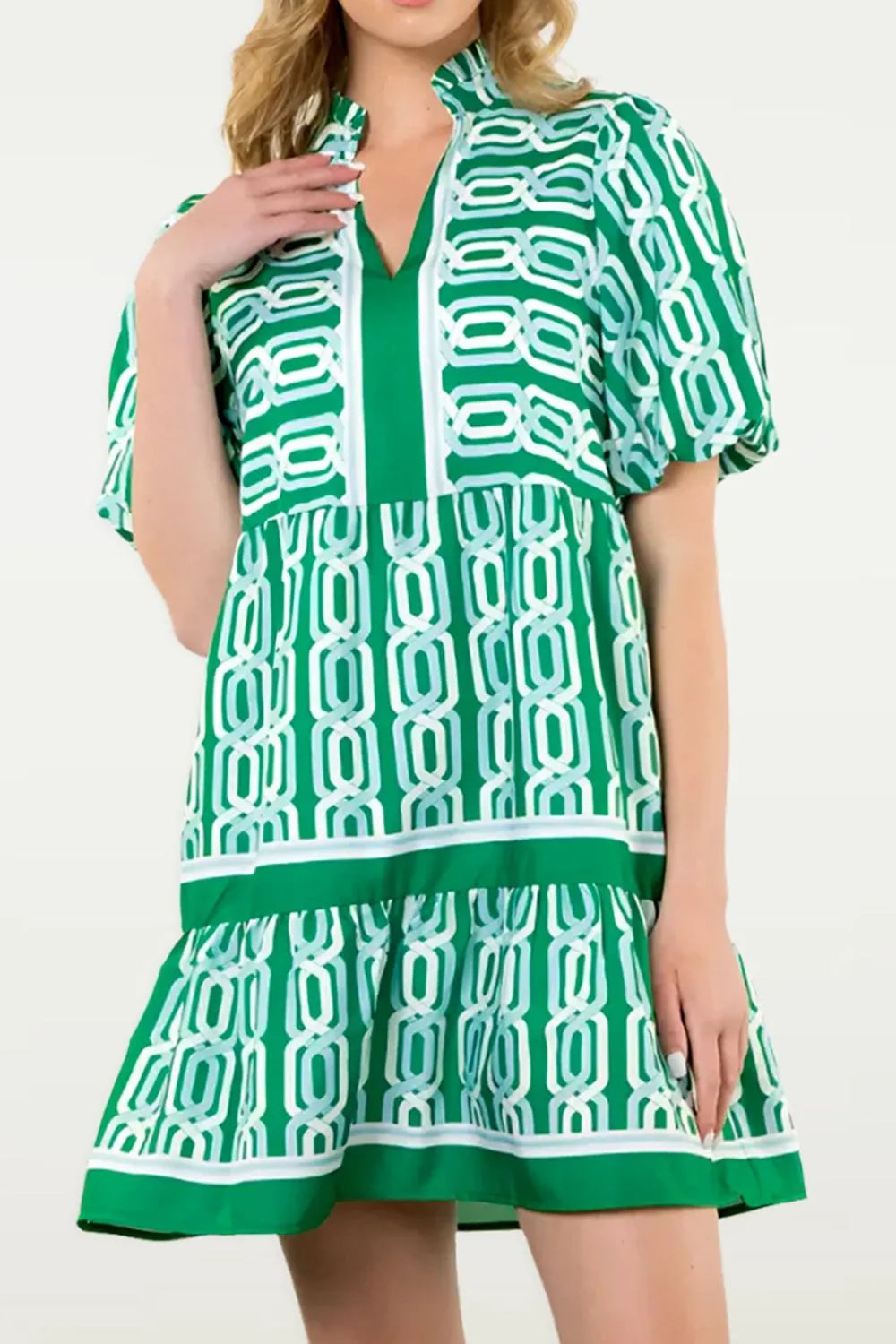 Abstract Patterned V Neck Puff Short Sleeve Mini Dress
