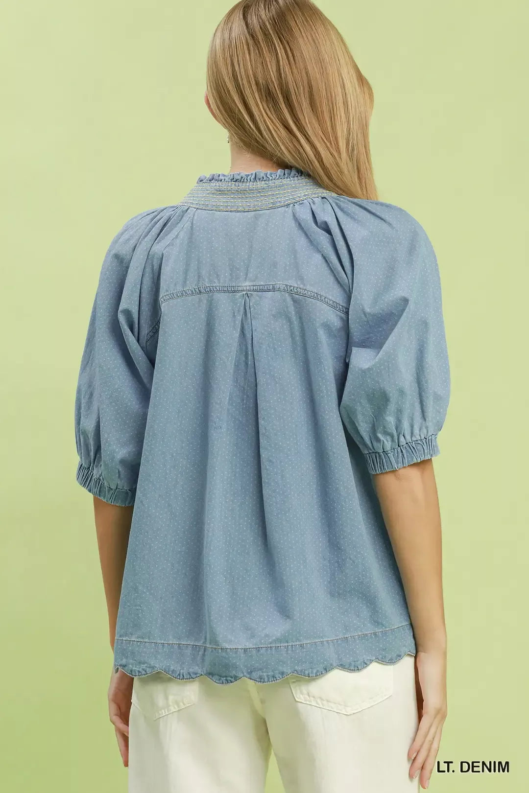 Umgee Textured Puff Sleeve Scallop Hem Blouse