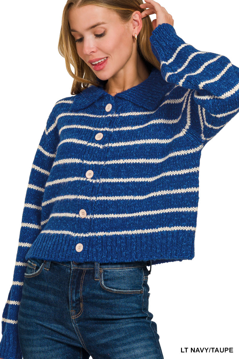 Zenana Striped Collared Button Down Sweater Cardigan