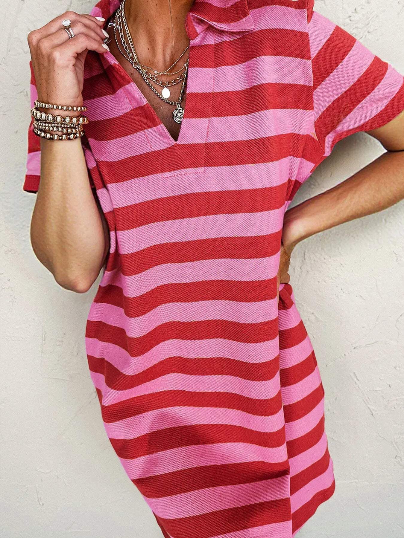 Striped Johnny Collar Short Sleeve Dress