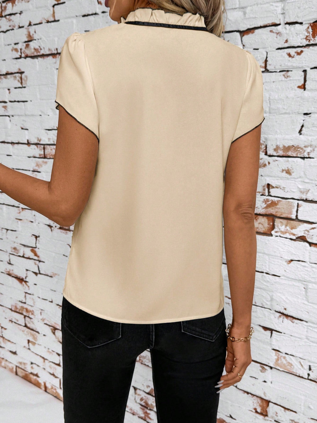 Tie Neck Short Sleeve Blouse