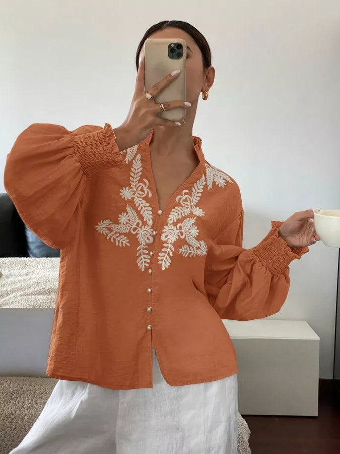 Embroidered Notched Long Sleeve Blouse
