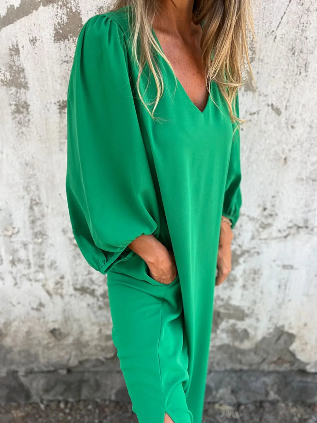 Full Size Slit V-Neck Balloon Sleeve Midi Dress Plus Size