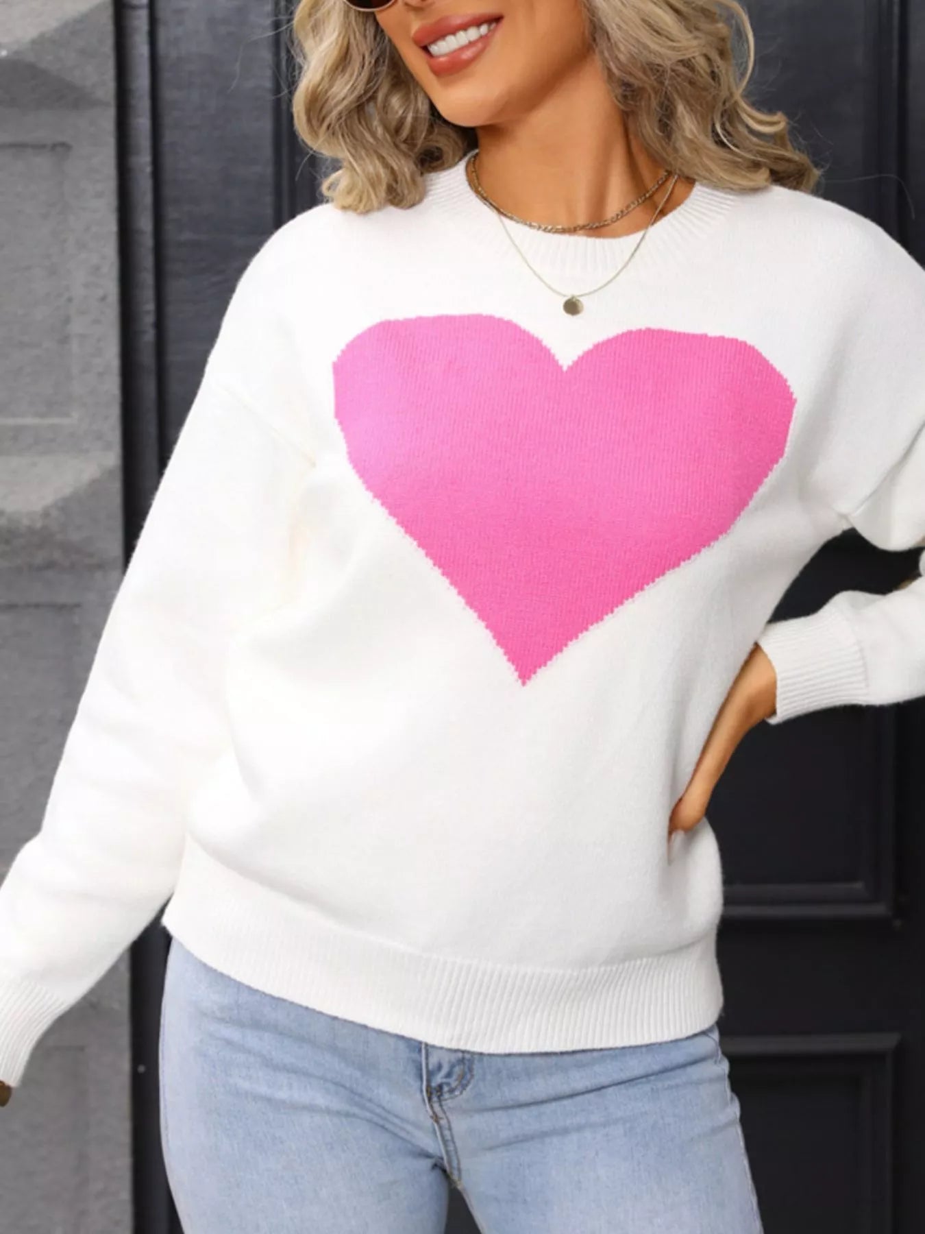 Valentine's Day Heart Round Neck Dropped Shoulder Sweater