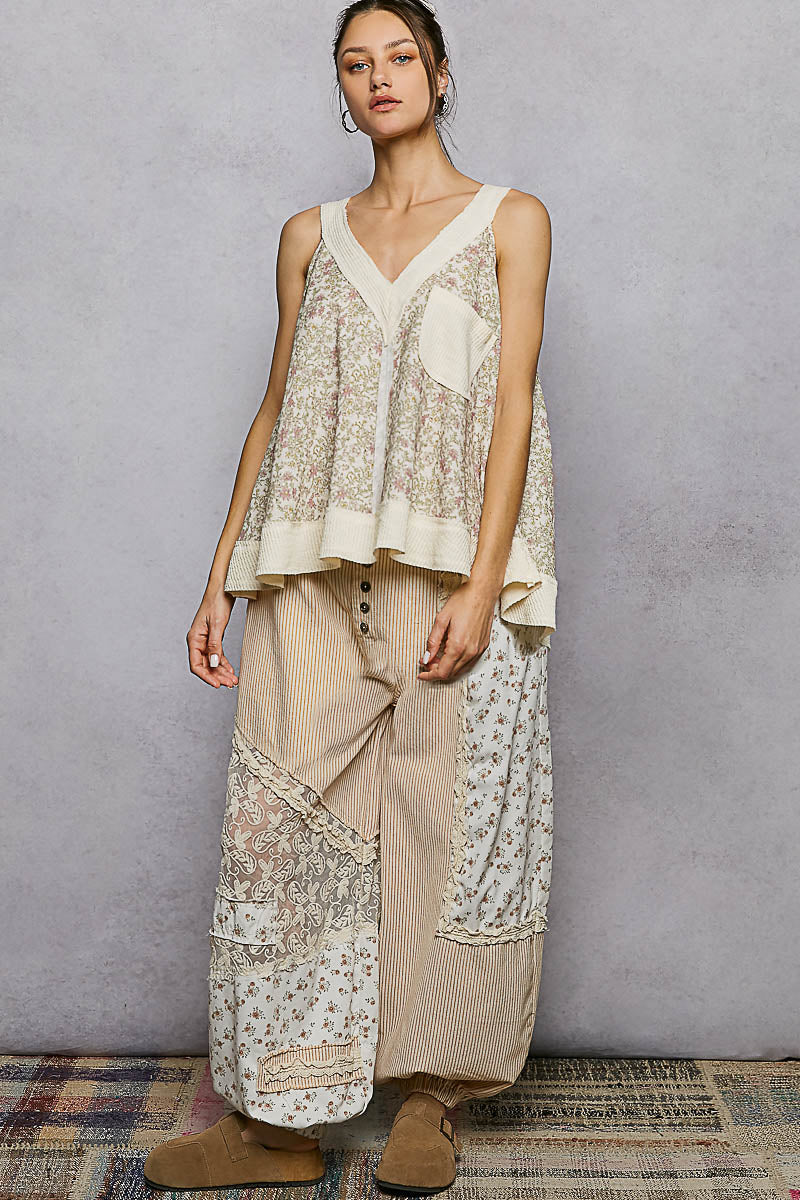 POL Floral V-Neck Tank with Front Pocket