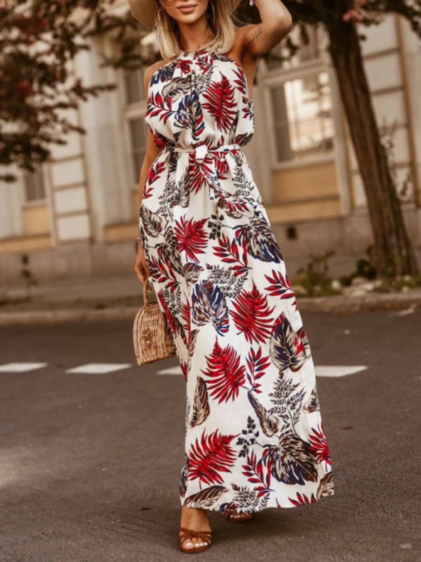 Tropical Floral Halter Neck Summer Dress