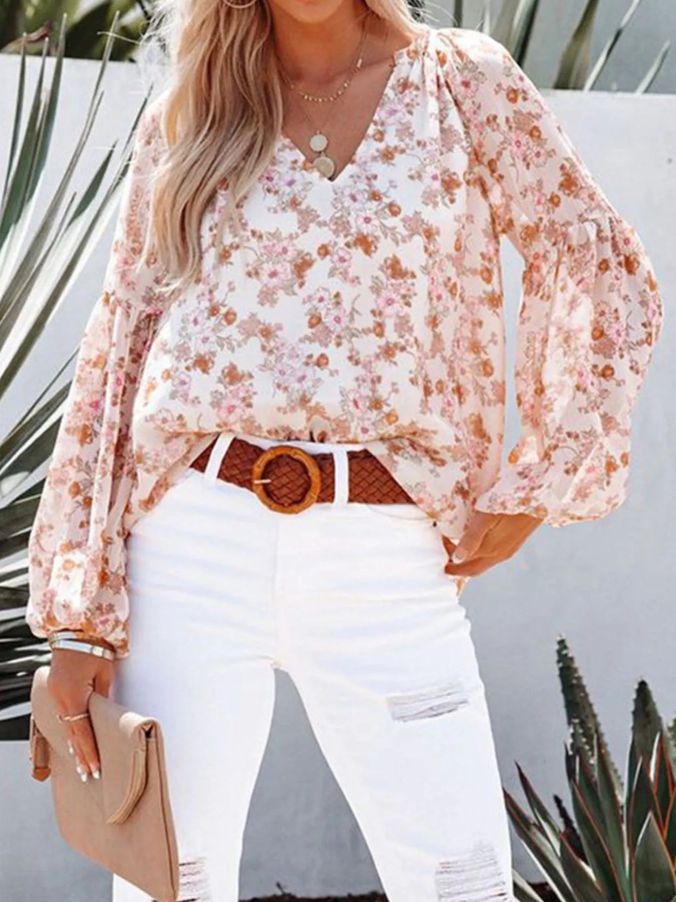 Full Size Floral Print V-Neck Long Sleeve Blouse Plus Size