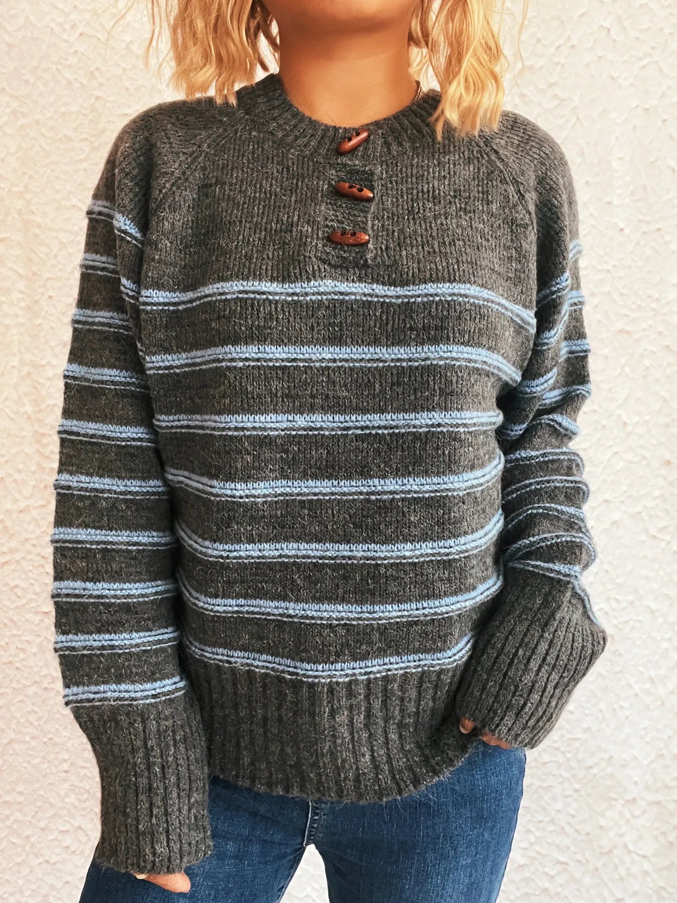 Striped Button Detail Long Sleeve Sweater