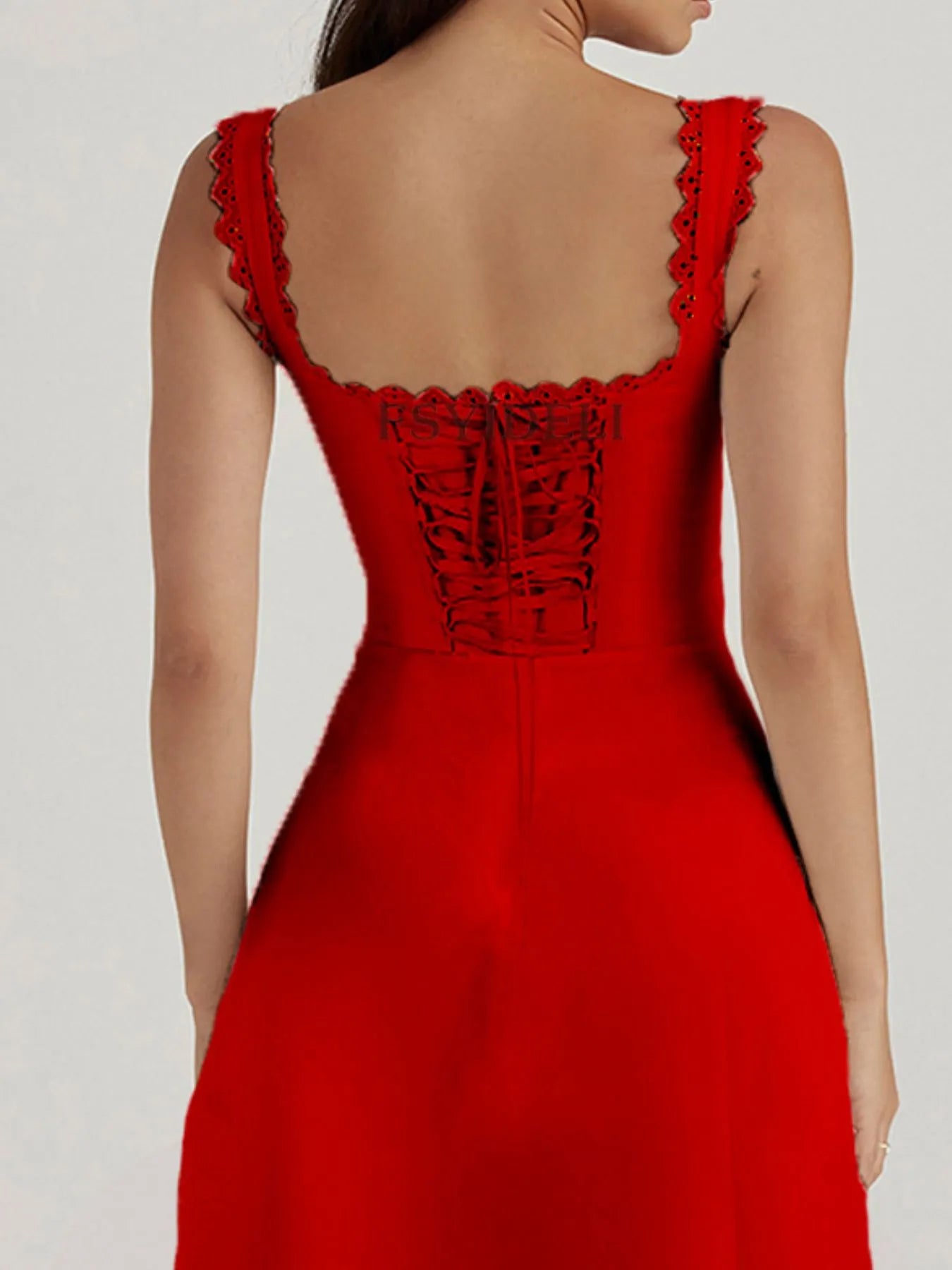 Scalloped V-Neck Midi Dress with Back Lace-Up