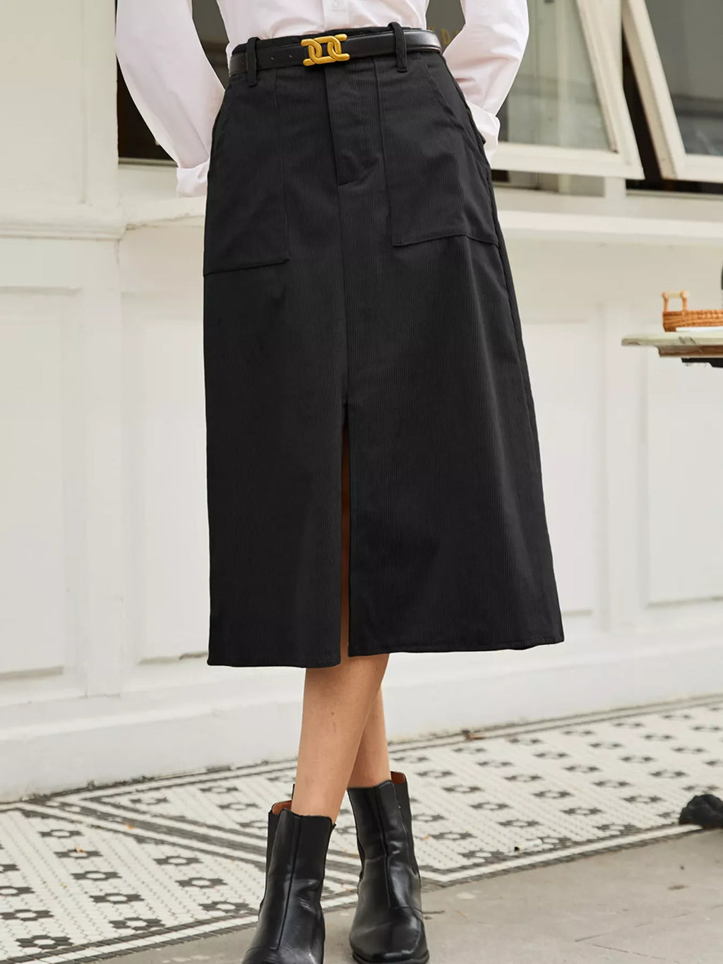 Front Slit Shift High Waist Midi Skirt