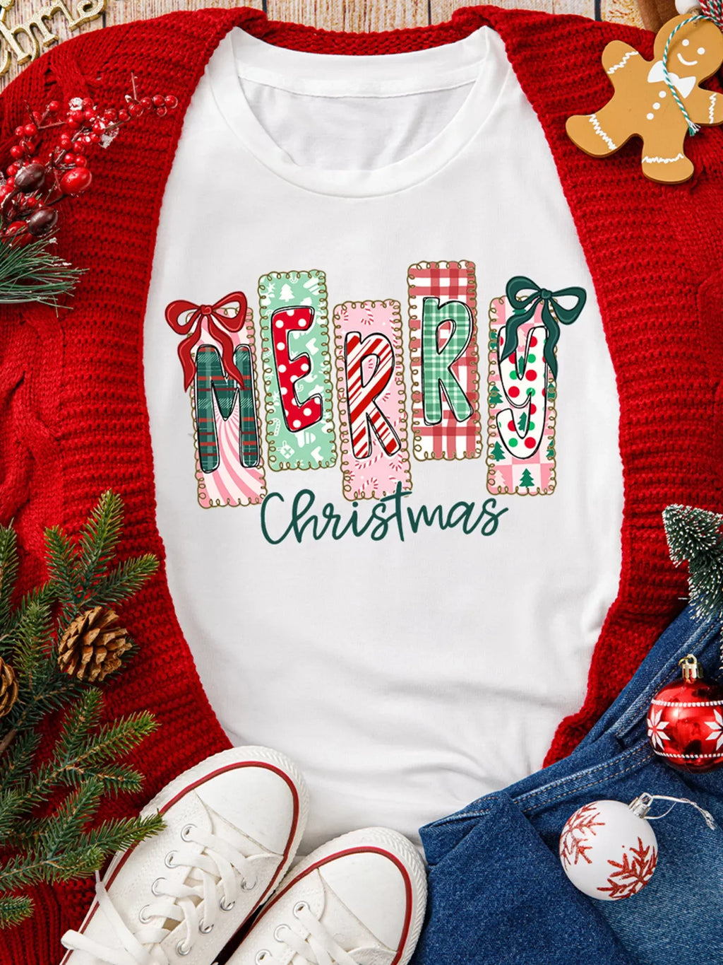 Merry Christmas Ribbon Bow Detail Holiday Graphic Tee