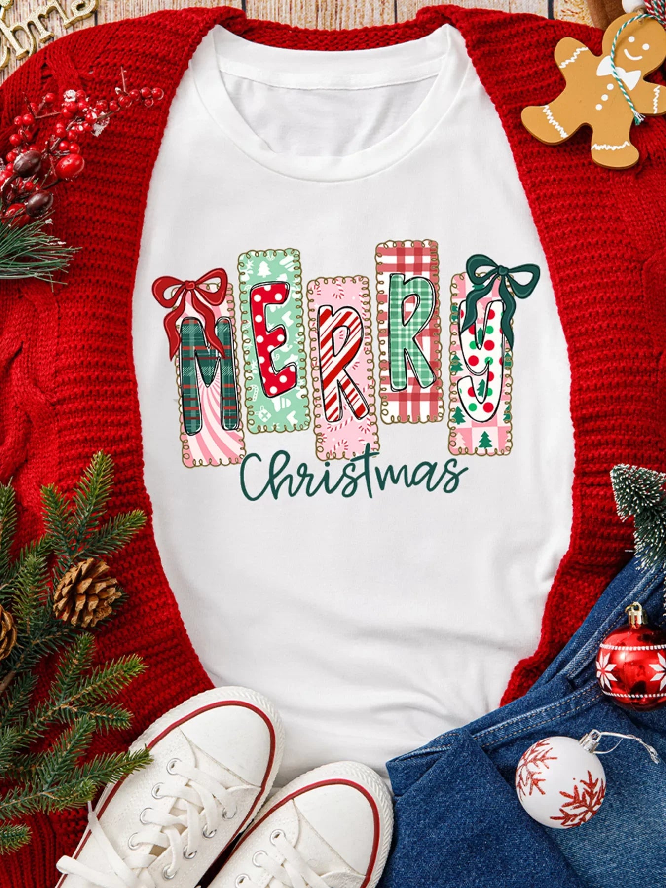 Merry Christmas Ribbon Bow Detail Holiday Graphic Tee