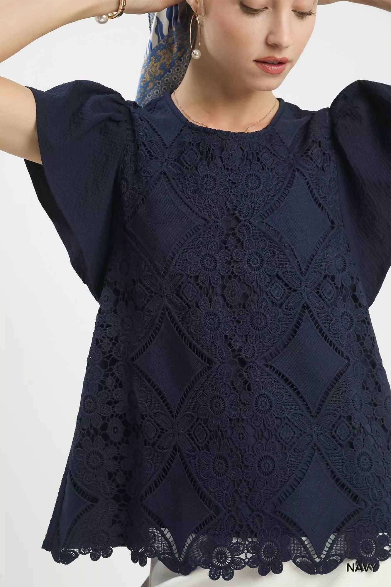 Umgee Floral Lace Overlay Flutter Sleeve Top