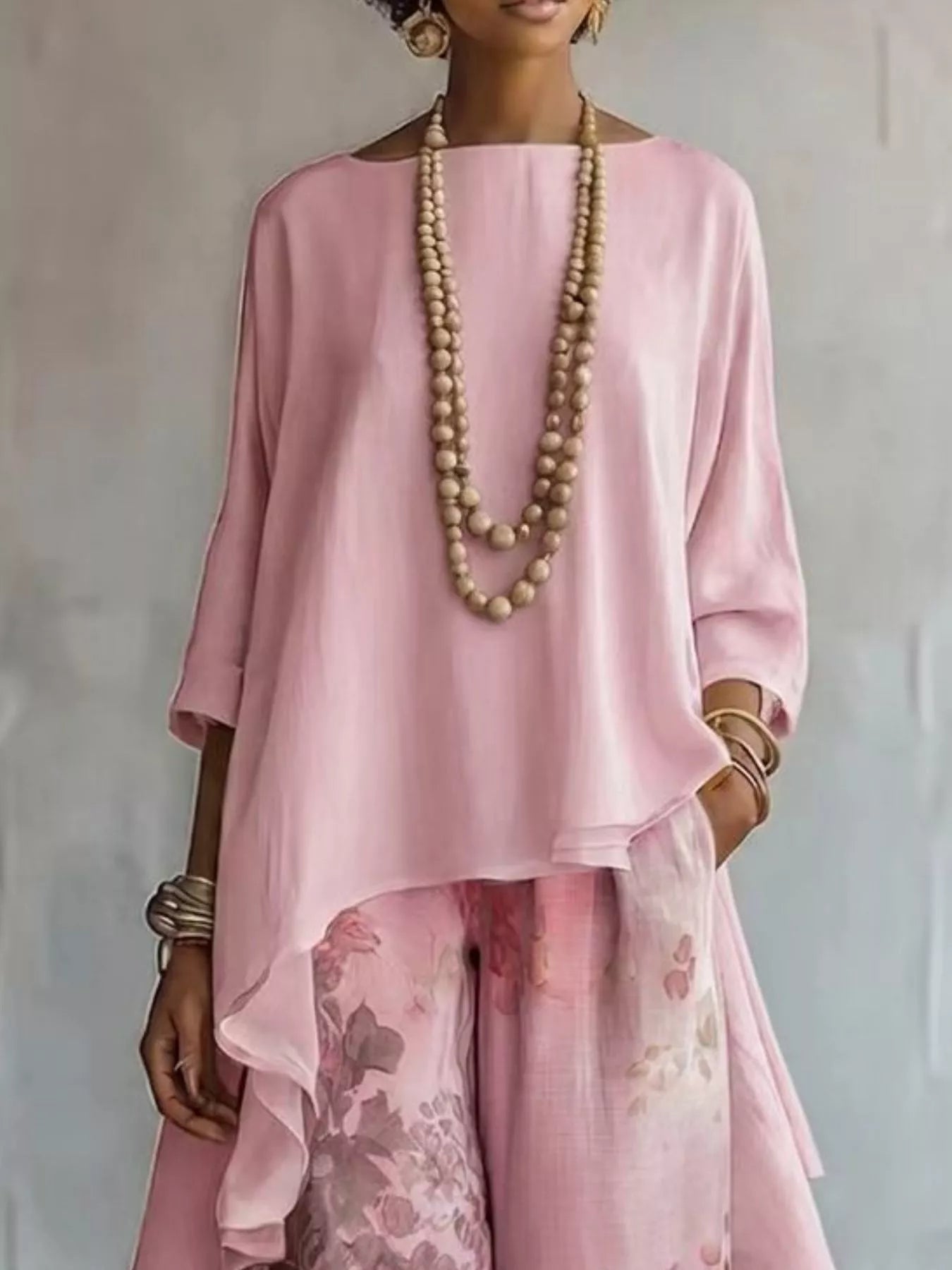 Asymmetrical Hem Top and Floral Pants Set