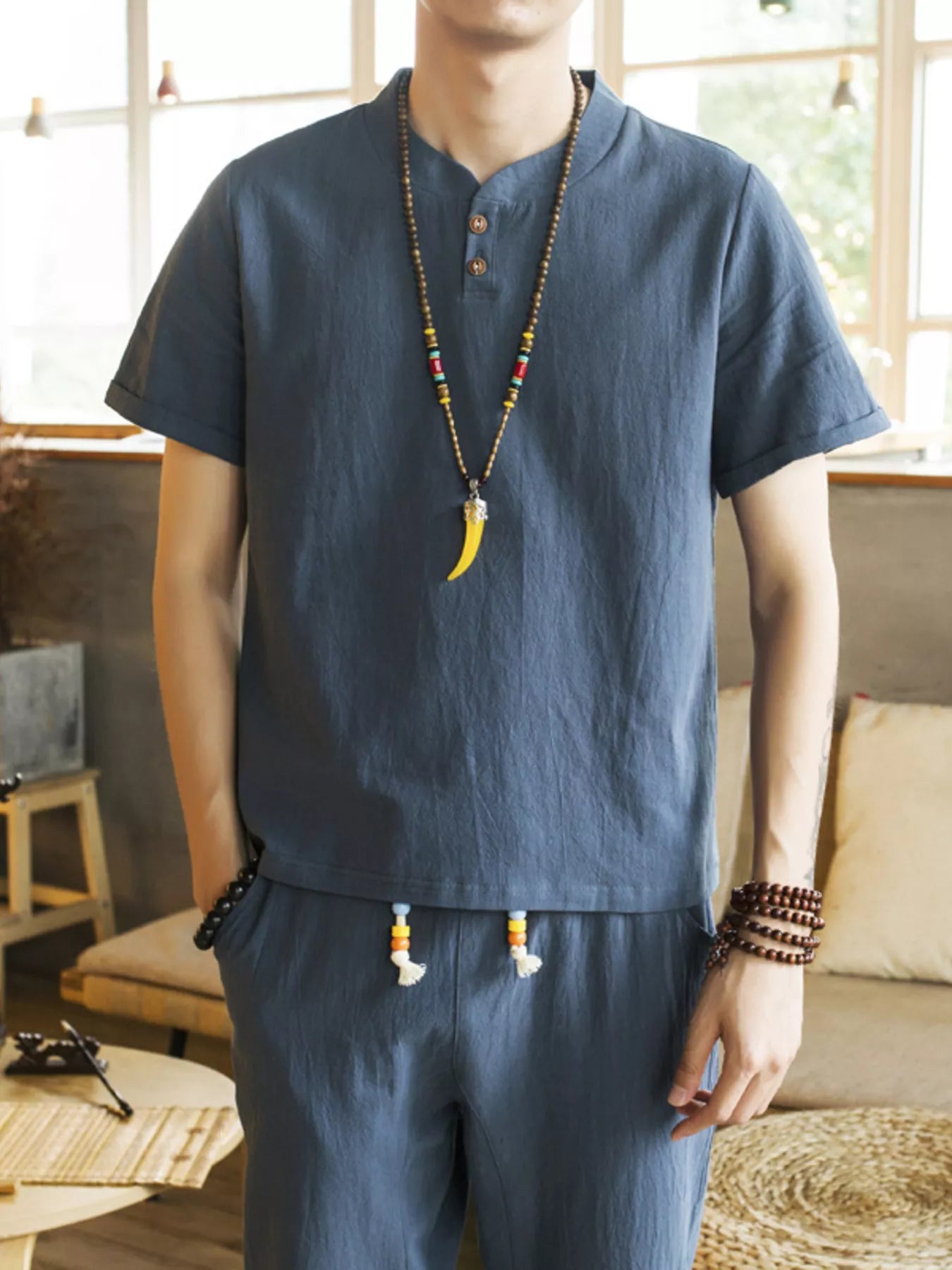 Men's Plus Size Button Detail Short Sleeve Top and Pants Set