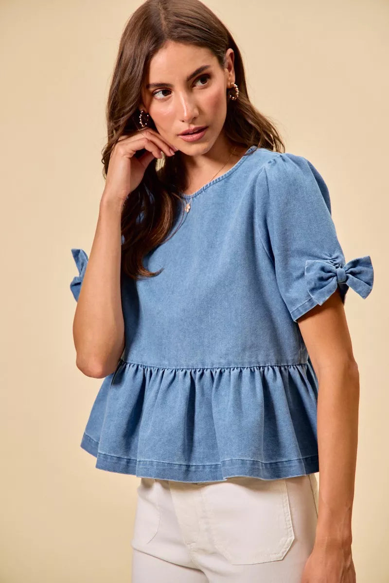 SO ME Denim Bow Detail Short Sleeves Peplum Top