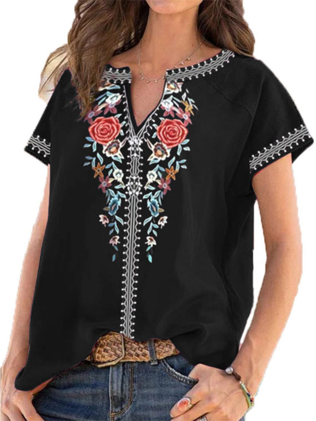 Full Size Floral Notched Short Sleeve Blouse Plus Size
