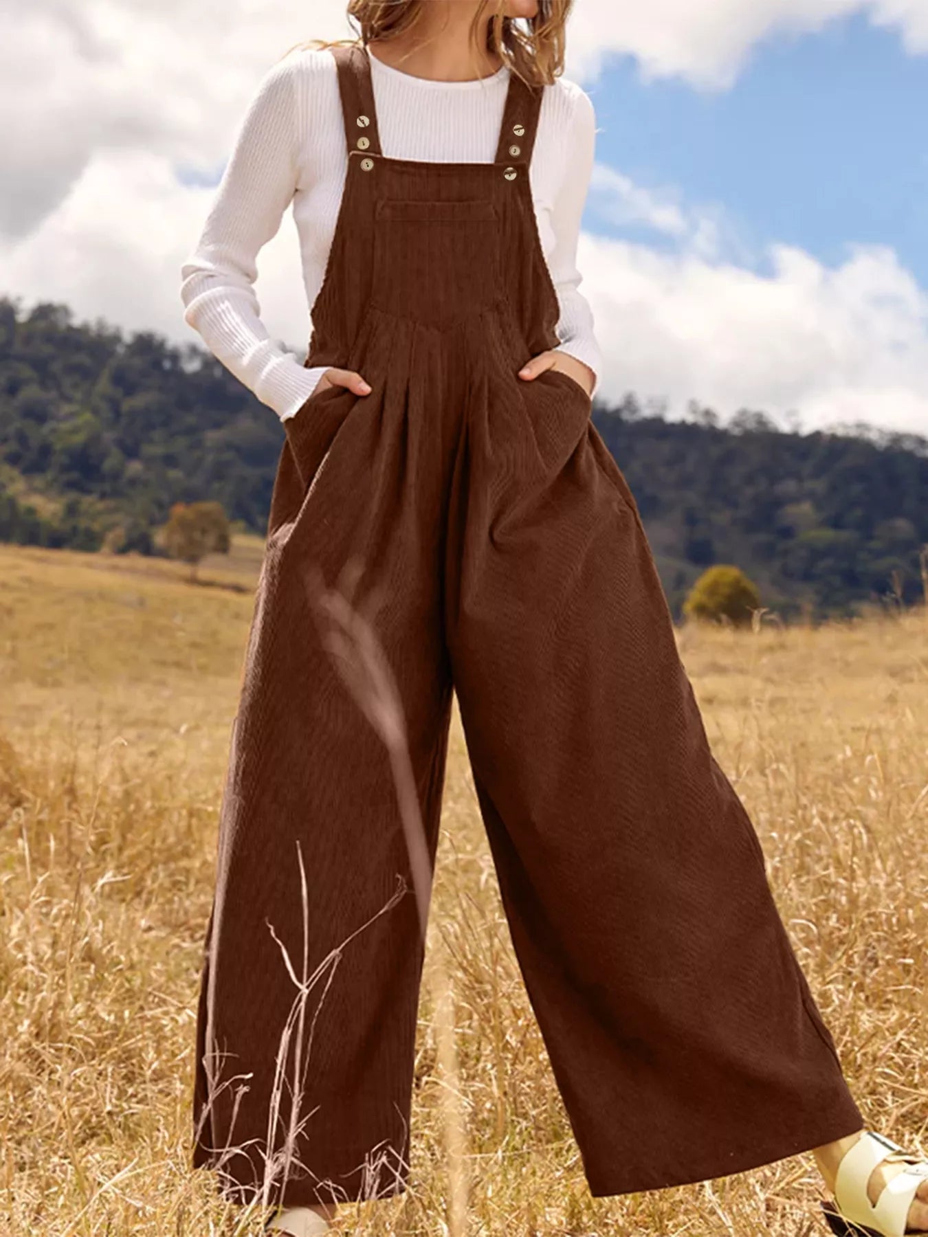 Front Ruched Wide Leg Jumpsuit with Pockets