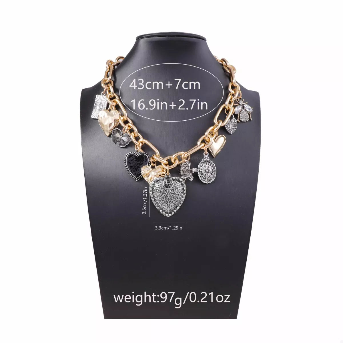 18K Gold-Plated Alloy Heart Charm Chain Statement Necklace