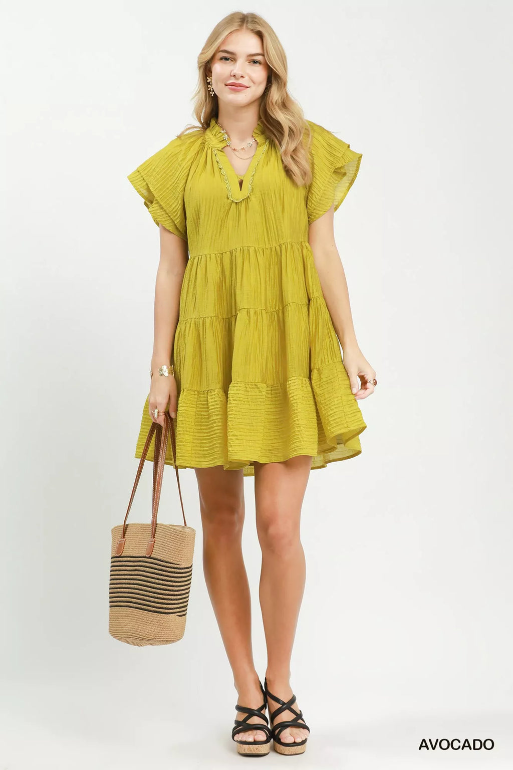 Umgee Tiered Ruffle Sleeve Textured Mini Dress