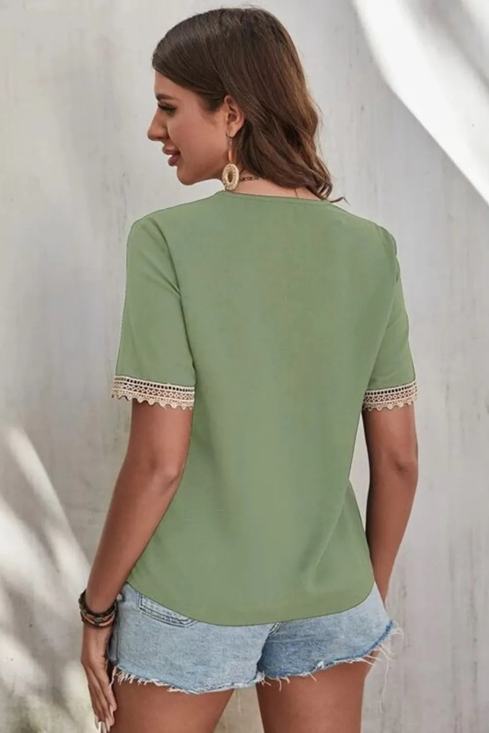 Full Size Lace Detail V-Neck Short Sleeve Blouse Plus Size