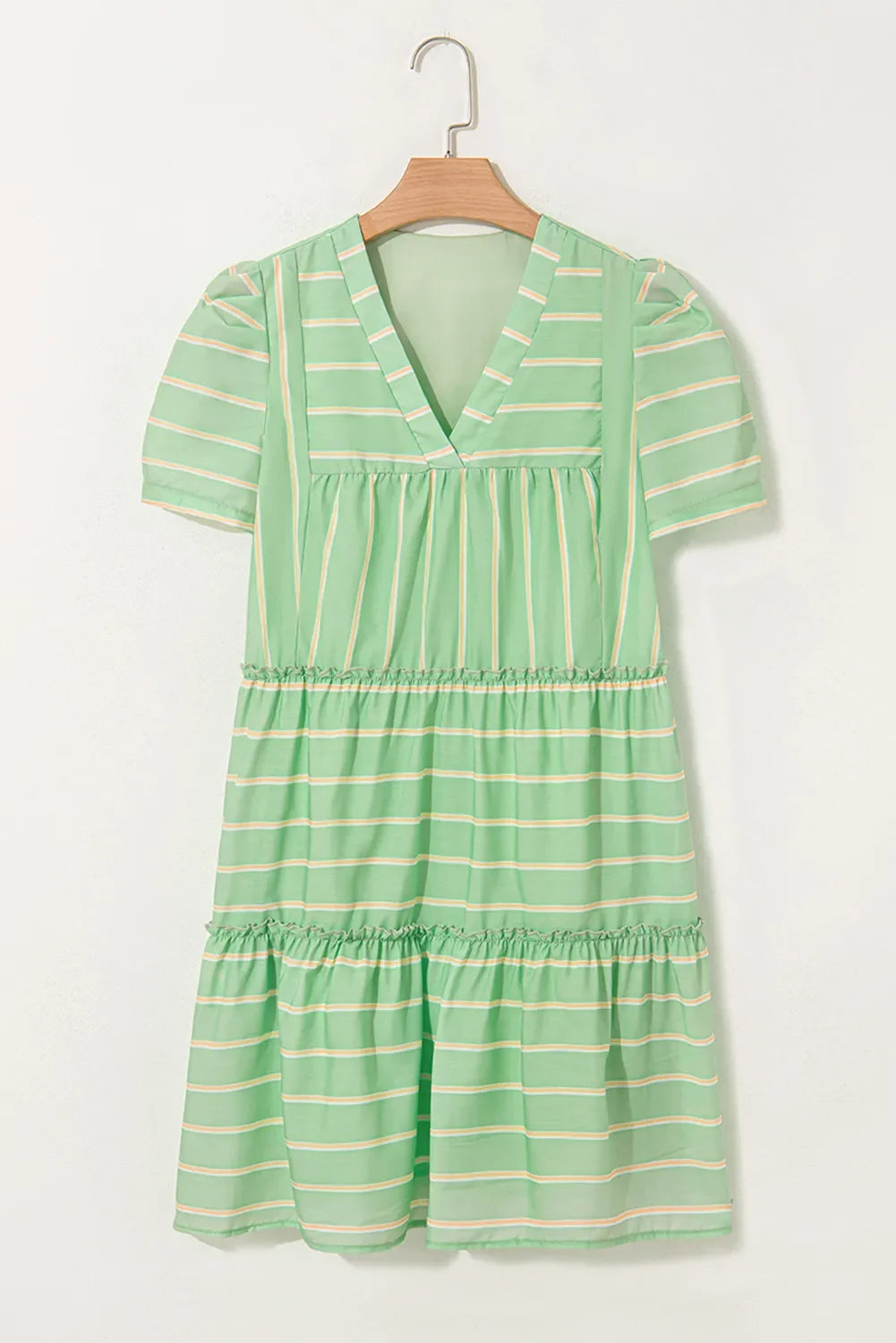 Stripe V Neck Short Sleeve Frilled Detail Dress