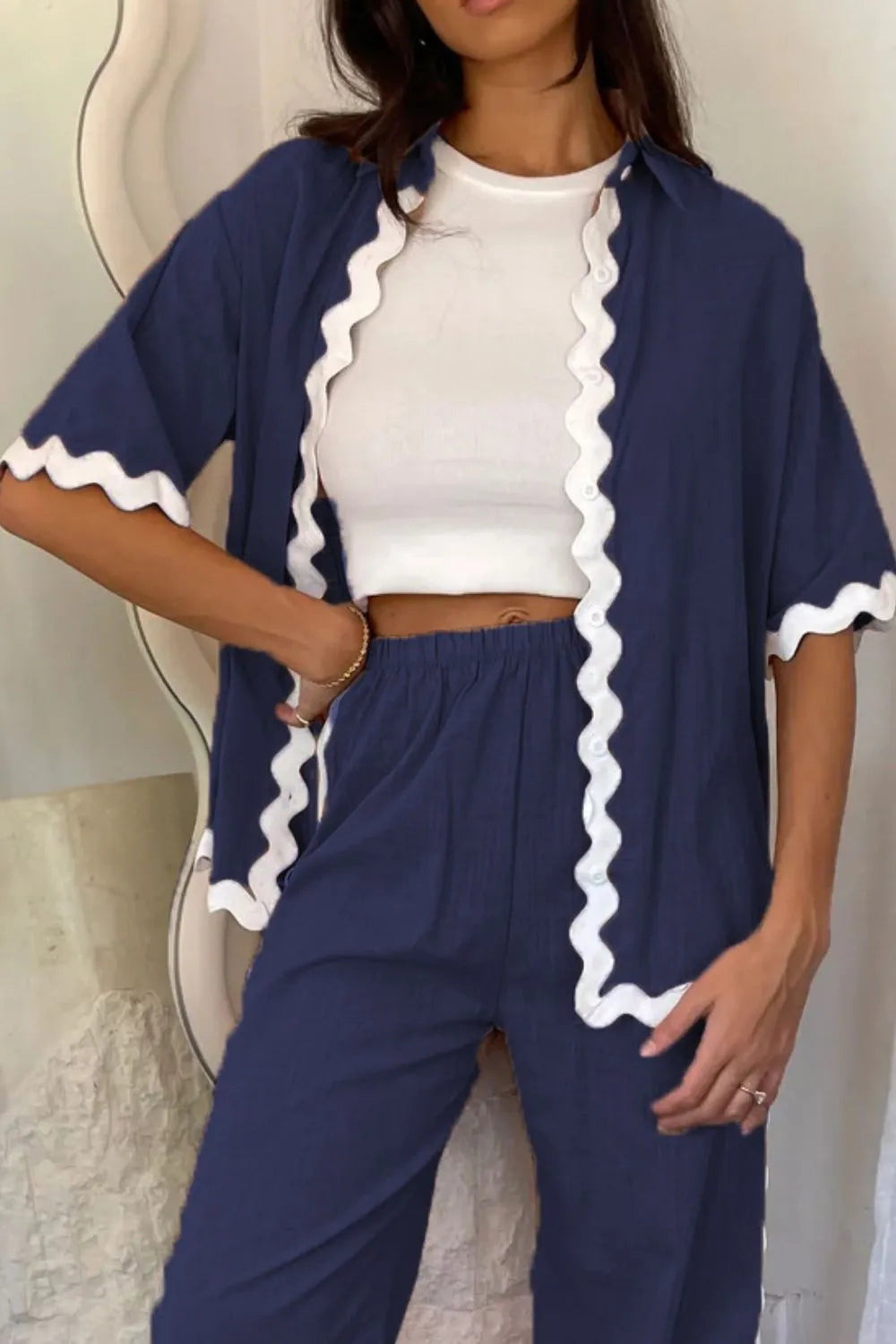 Contrast Trim Half Sleeve Top and Pants Set