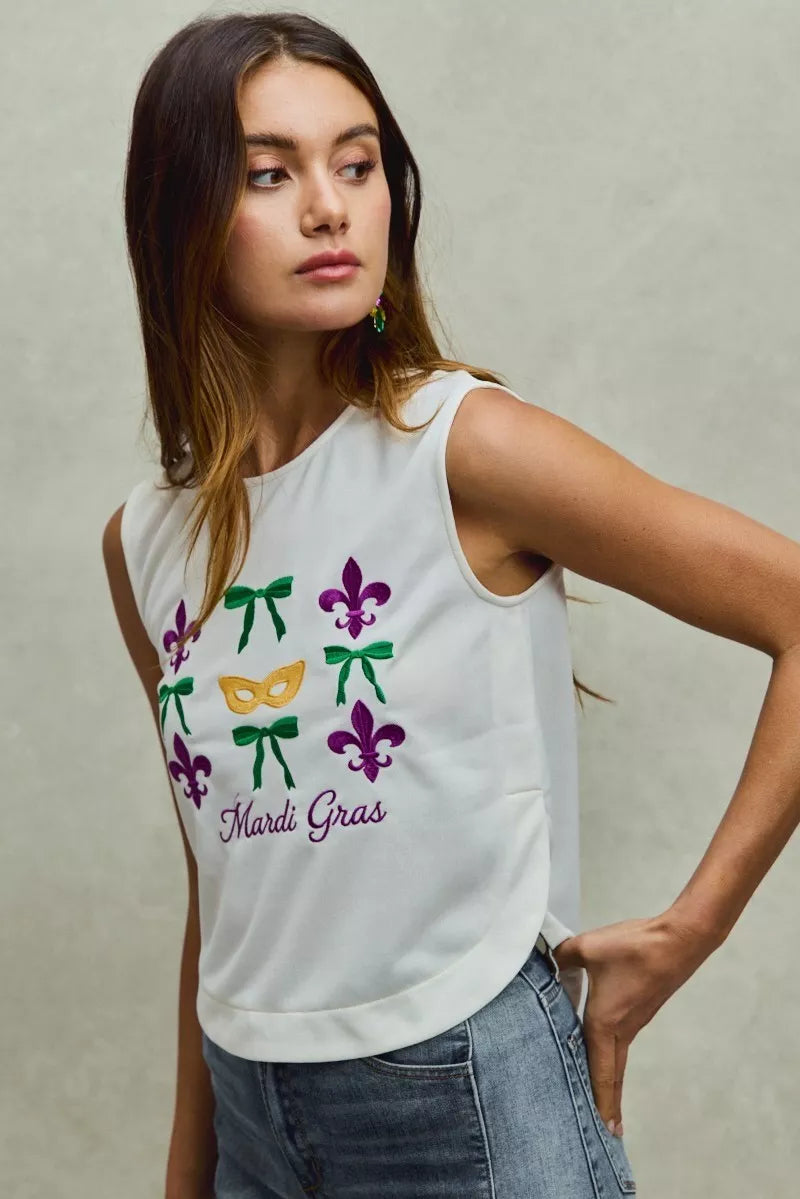 SO ME Mardi Gras Fleur De Lis And Ribbon Embroidered Top