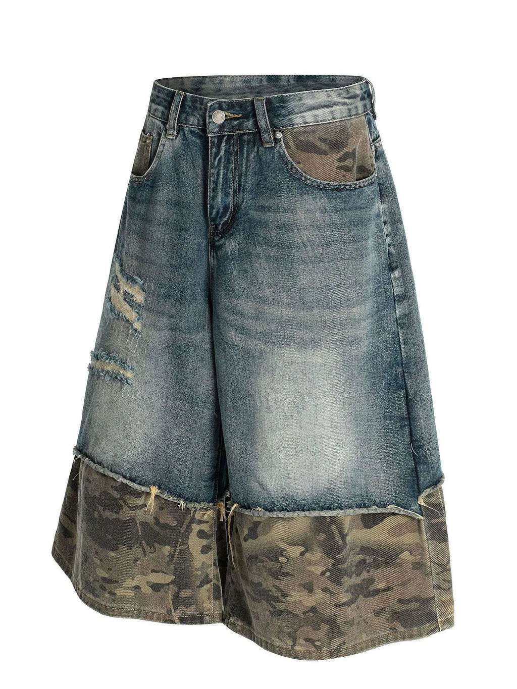 Men's Distressed Camo Panel Denim Shorts