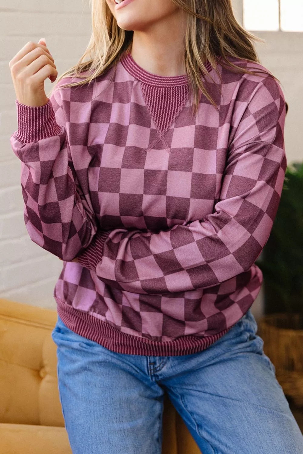 Ribbed Trim Checkered Print Long Sleeve Pullover Top