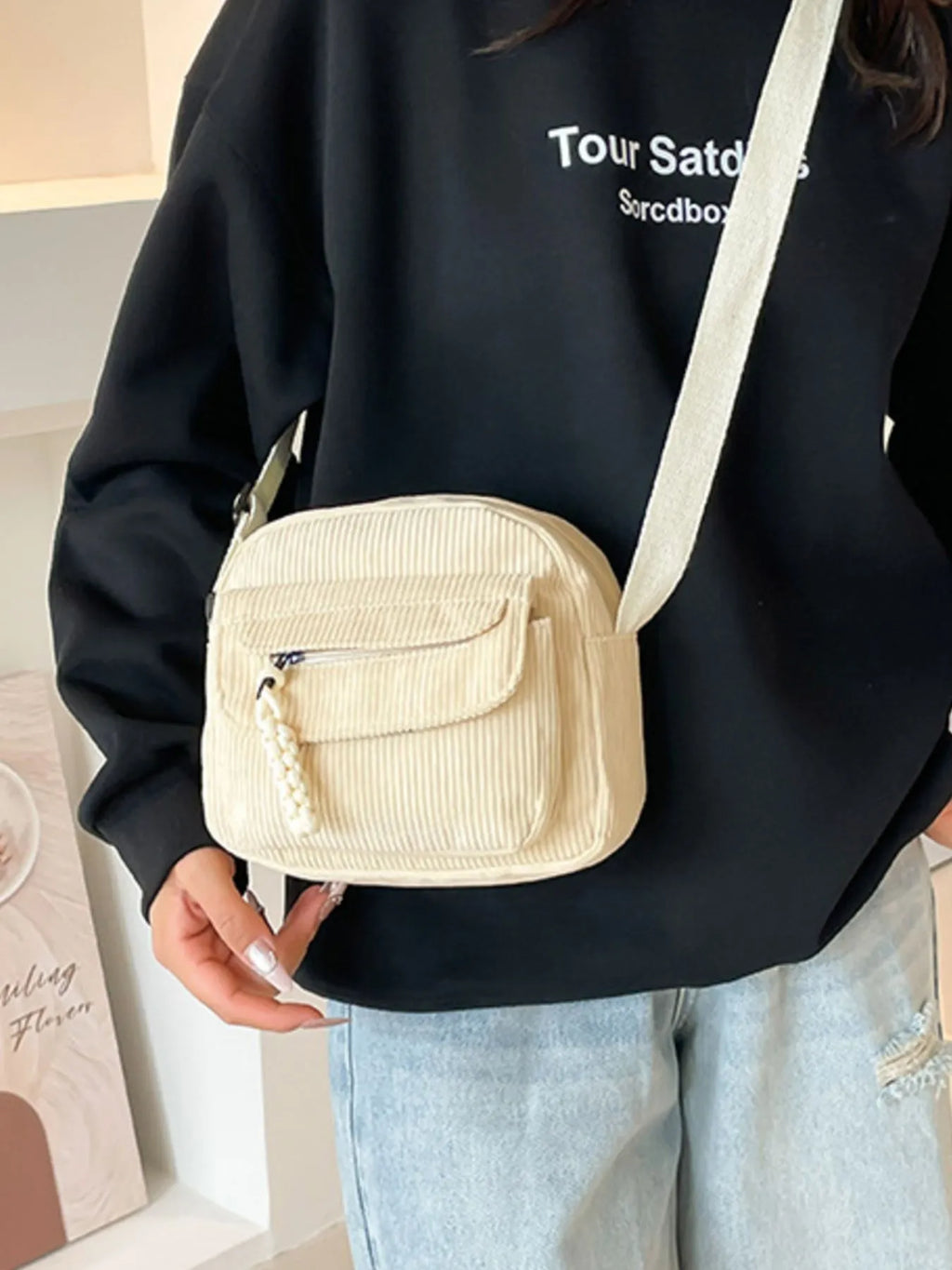 Corduroy Crossbody Bag with Adjustable Strap