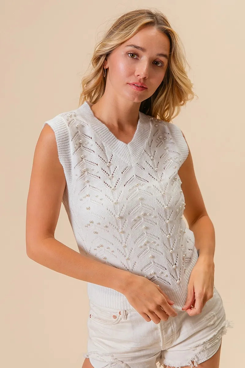 BiBi Chevron Pointelle Pearl Knit Top