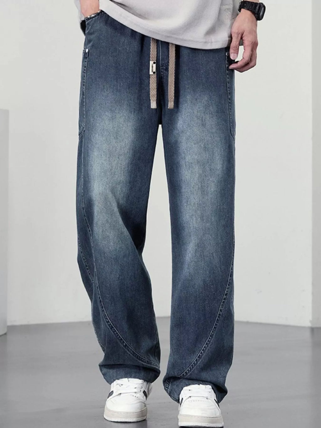 Men's Plus Size Drawstring Wide Leg Jeans