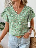 Floral Print V-Neck Short Sleeve Blouse