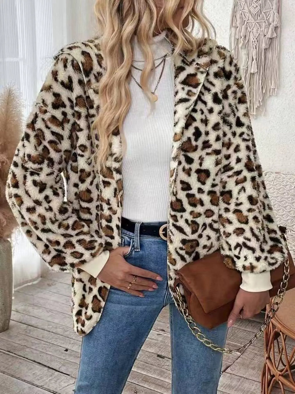 Leopard Print Fuzzy Zip Up Outerwear