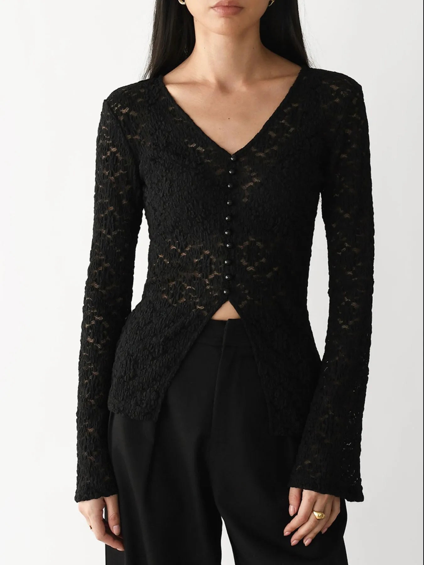 Lace V-Neck Flare Sleeve T-Shirt