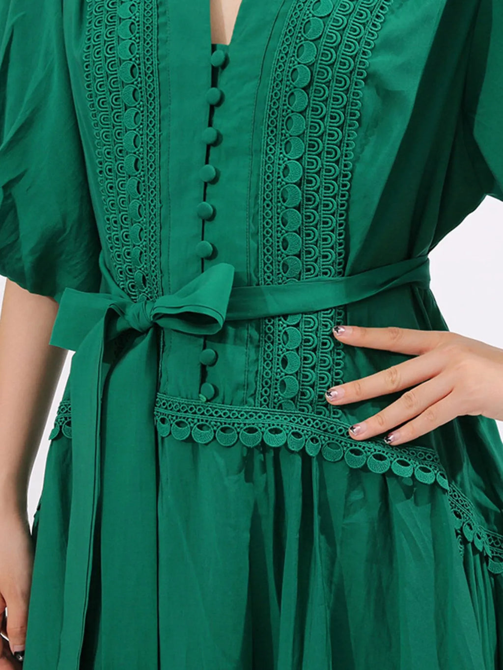 Lace Detail Notched Puff Sleeve Maxi Dress