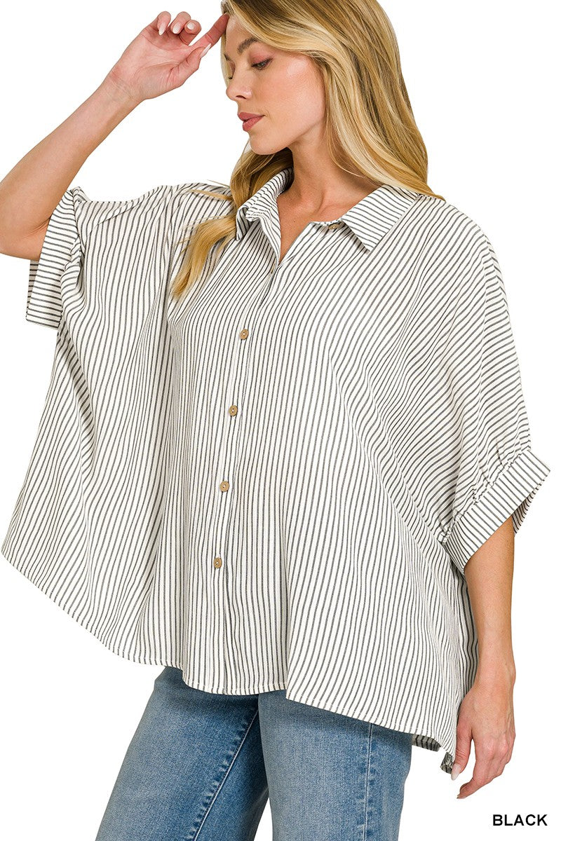 Zenana Full Size Woven Stripe Button Down Boxy Shirt Plus Size