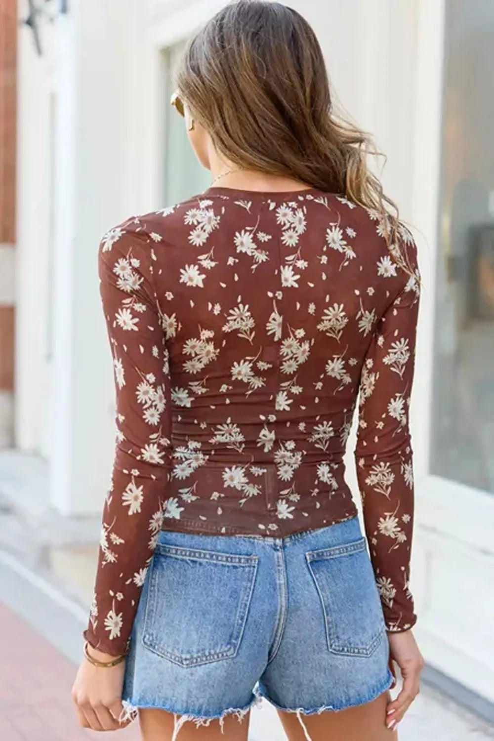 Floral Print Sheer Mesh Long Sleeve Top