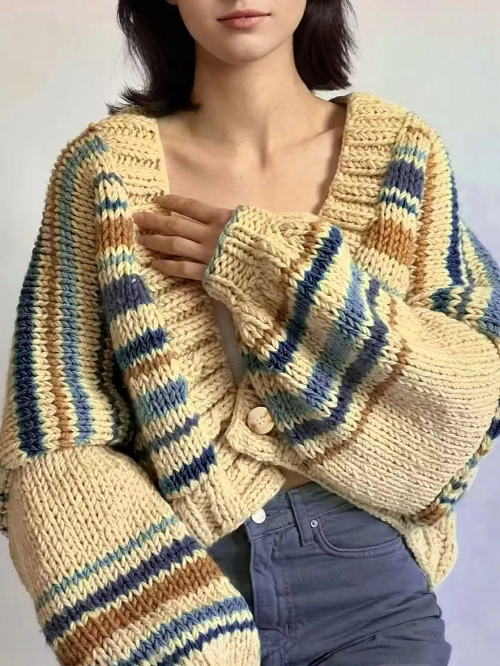 Chunky Knit Striped Cropped Cardigan