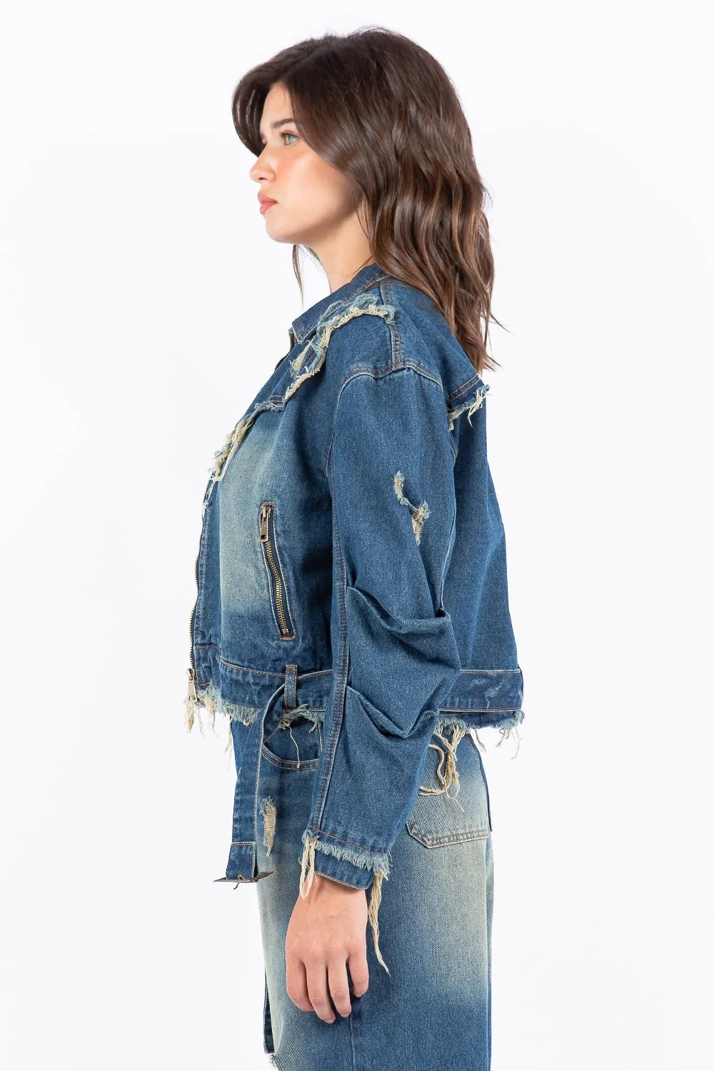 American Bazi Full Size Distressed Frayed Edge Zip Up Denim Jacket Plus Size