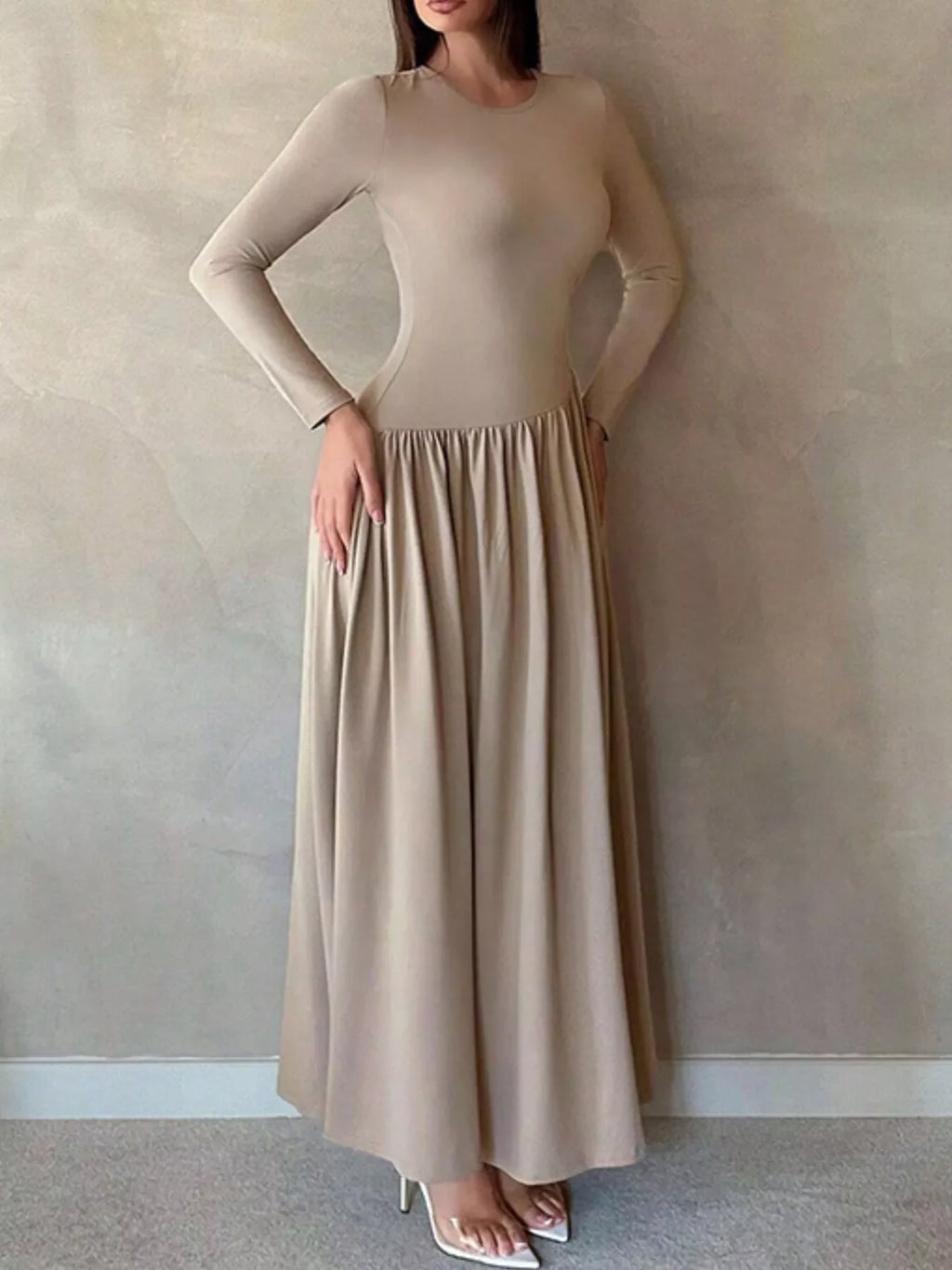 Long Sleeve Ruched A-Line Maxi Dress