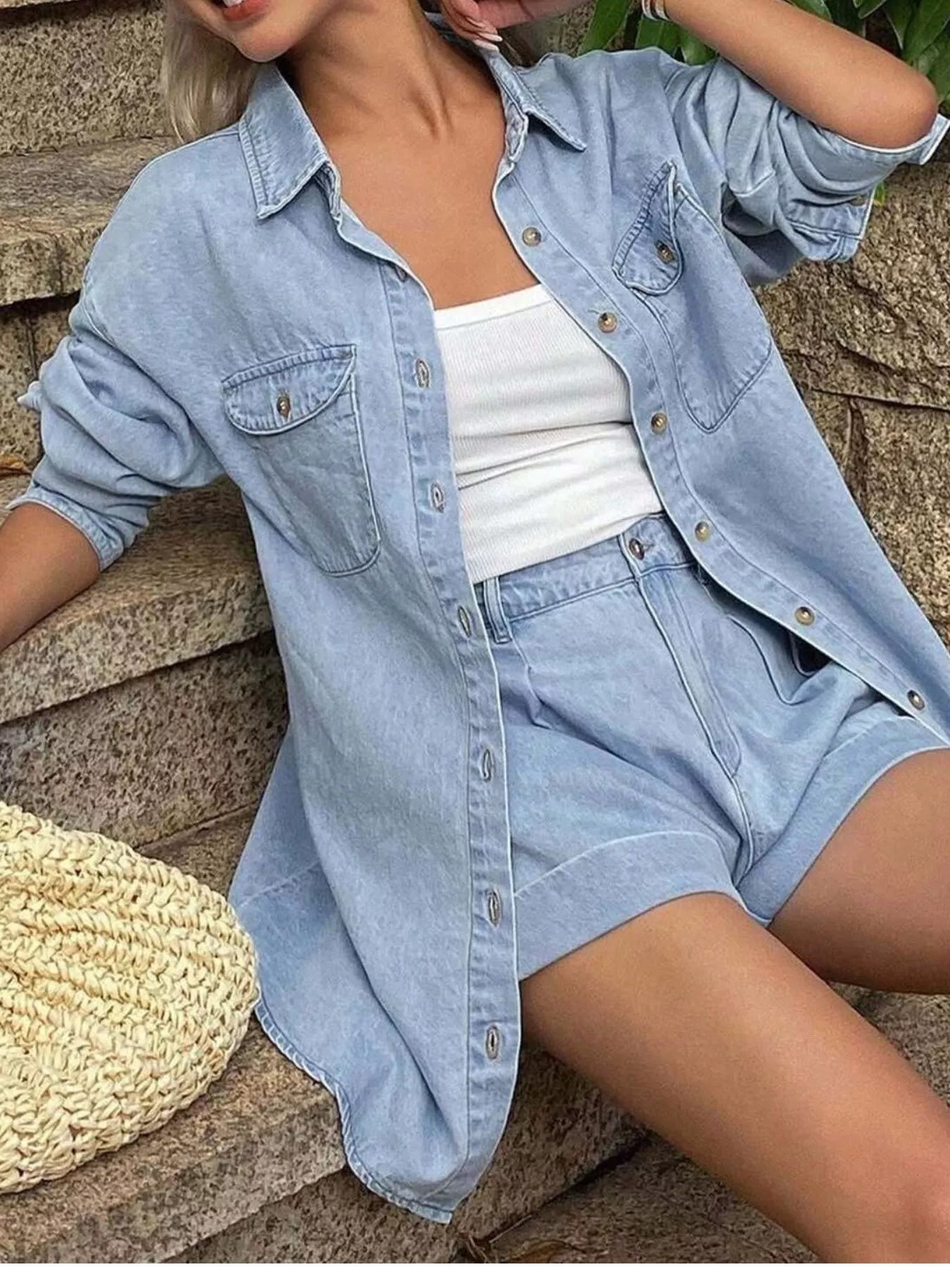 Button Up Long Sleeve Shirt and Shorts Denim Set