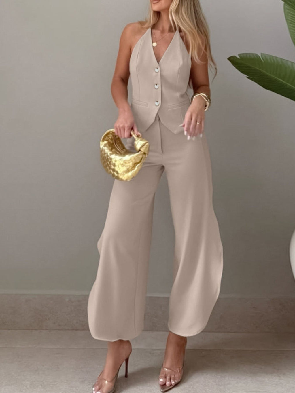 Halter Neck Vest & Wide Leg Pants Set