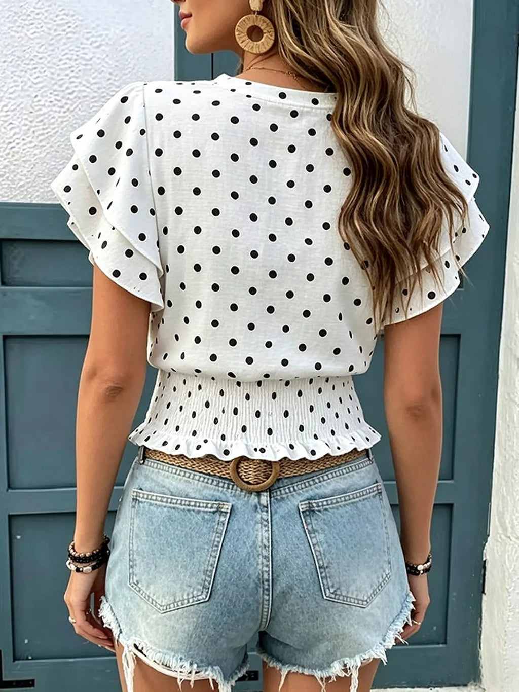Polka Dot Ruffle Sleeve Blouse