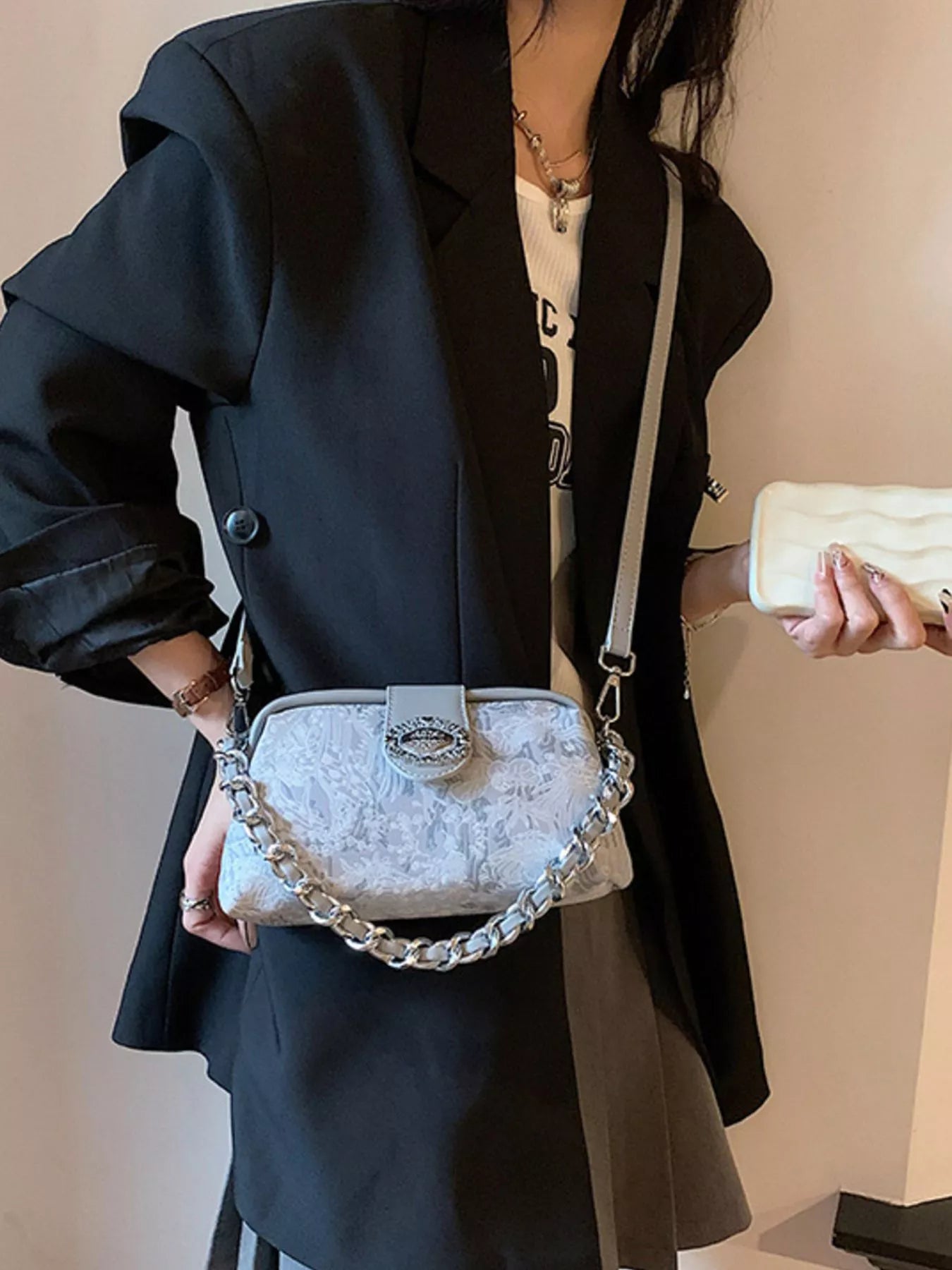 Embroidered Chain Crossbody Bag