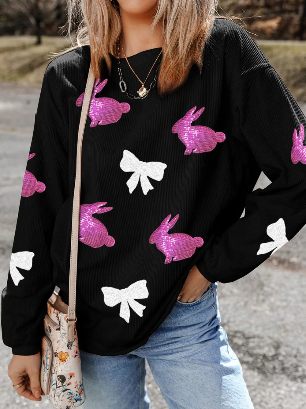 Sequin Bunny Bow Easter Corded Rib Sweatshirt
