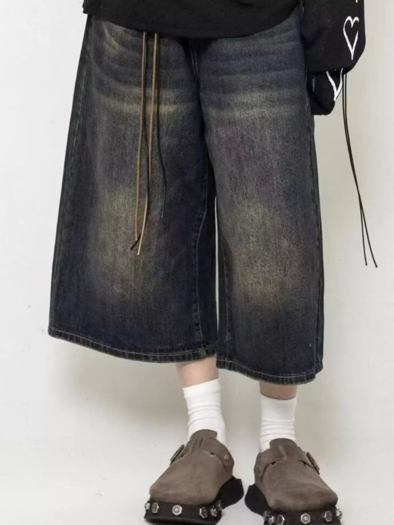 Men's Full Size Wide Leg Washed Denim Capris Plus Size